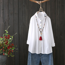 Neckline embroidered shirt Womens Spring and Autumn loose Korean long sleeve short shirt cotton white design sense top