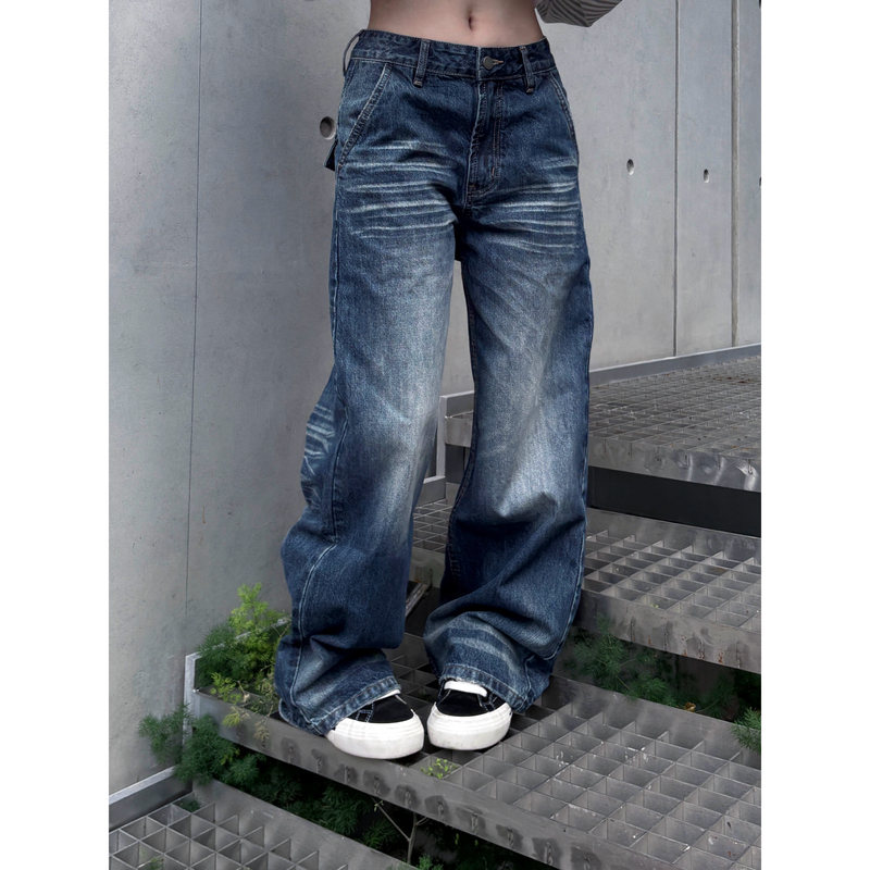 Maye Vintage Washed Blue Jeans Wide-Leg Straight Unisex Loose Casual Versatile Long Pants Maye Vintage Washed Blue Jeans Wide-Leg Straight Unisex Loose Casual Versatile Long Pants