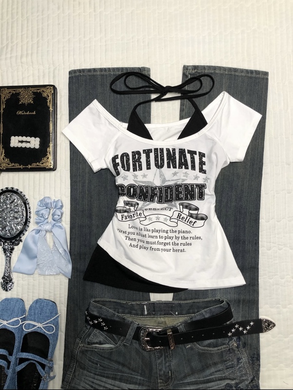 Yabi's New Punk Y2K Millennial Hot Girl Fake Two-Piece Tie-Up T-Shirt for Women, Short-Sleeved, Slim-Fit, Short and Versatile Top