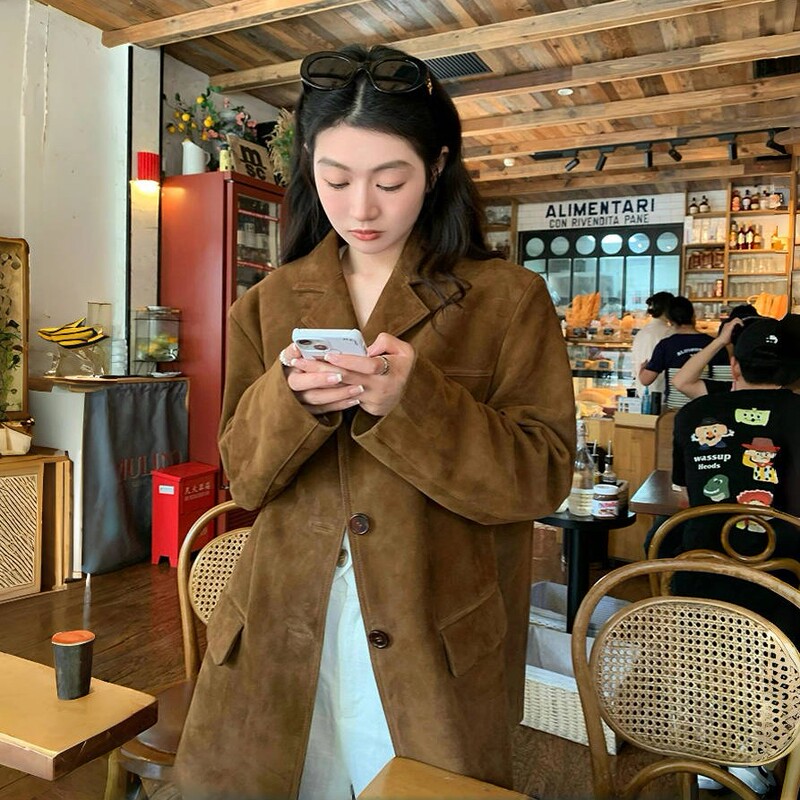 Retro Loose Brown Suit Leather Jacket for Women Autumn and Winter 2025 New Design Niche Maillard Suede Jacket Retro Loose Brown Suit Leather Jacket for Women Autumn and Winter 2025 New Design Niche Maillard Suede Jacket