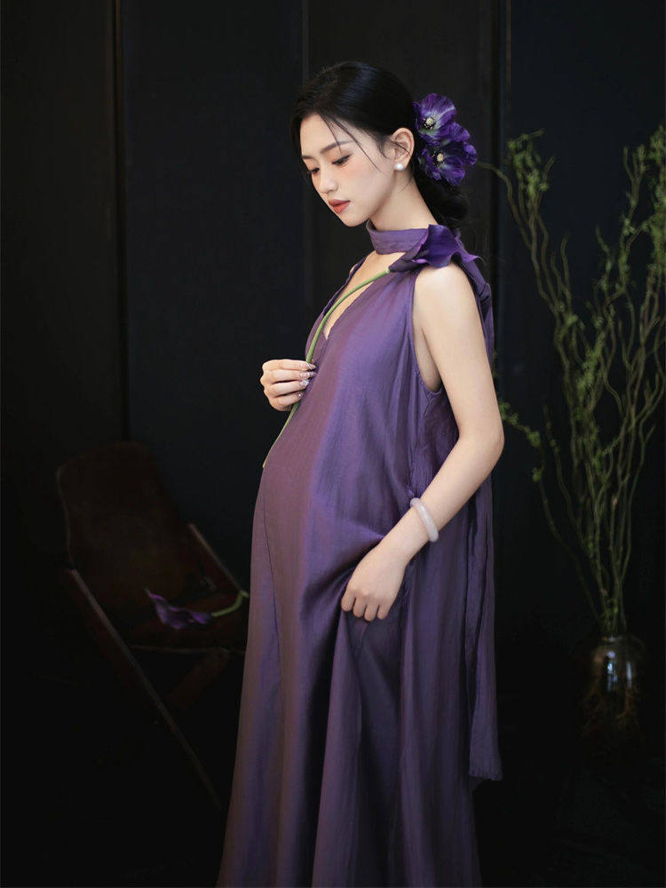 Костюм для детских фотосессий 蝶夏尔照相馆新款简约孕妇拍照服装纯欲高级感紫色洋装孕妈咪