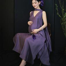 Костюм для детских фотосессий 蝶夏尔照相馆新款简约孕妇拍照服装纯欲高级感紫色洋装孕妈咪