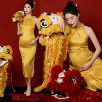 New Chinese Pregnant Woman Photo Subject Yellow Ancient Wind Improved Qipao Dress Costume Gestation Mommy Retro Writing Real Photos Dress