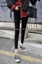 Hole pencil jeans womens spring and autumn new trend Korean black high waist slim slim nine points tight little feet