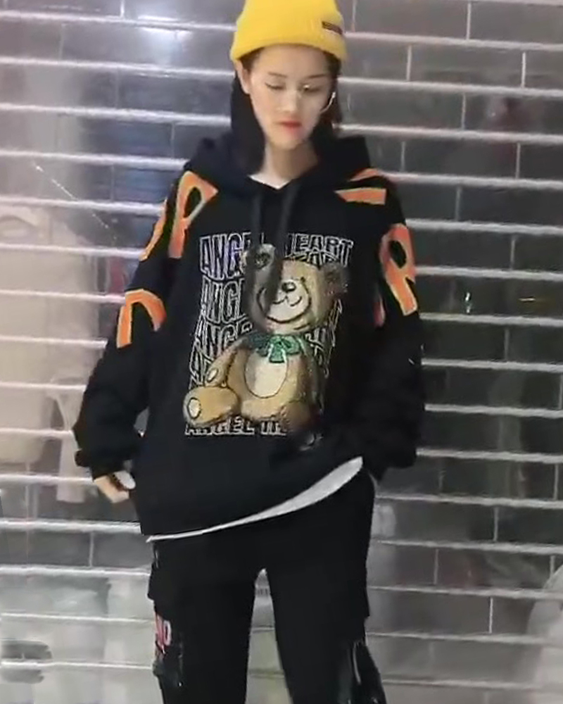 Orange LettersEuropean station original Chaopai heavy industry Hot drilling Letter bear Splicing Plush Autumn and winter new pattern Hooded Sweater leisure time jacket