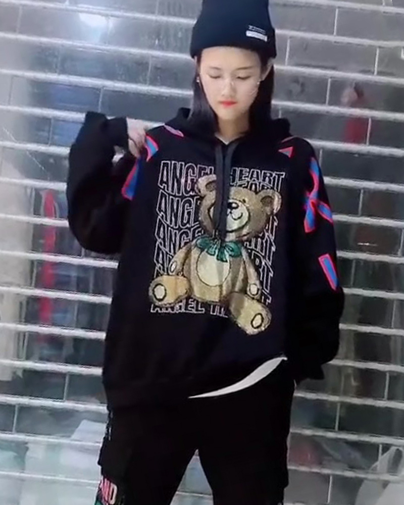 Blue LettersEuropean station original Chaopai heavy industry Hot drilling Letter bear Splicing Plush Autumn and winter new pattern Hooded Sweater leisure time jacket