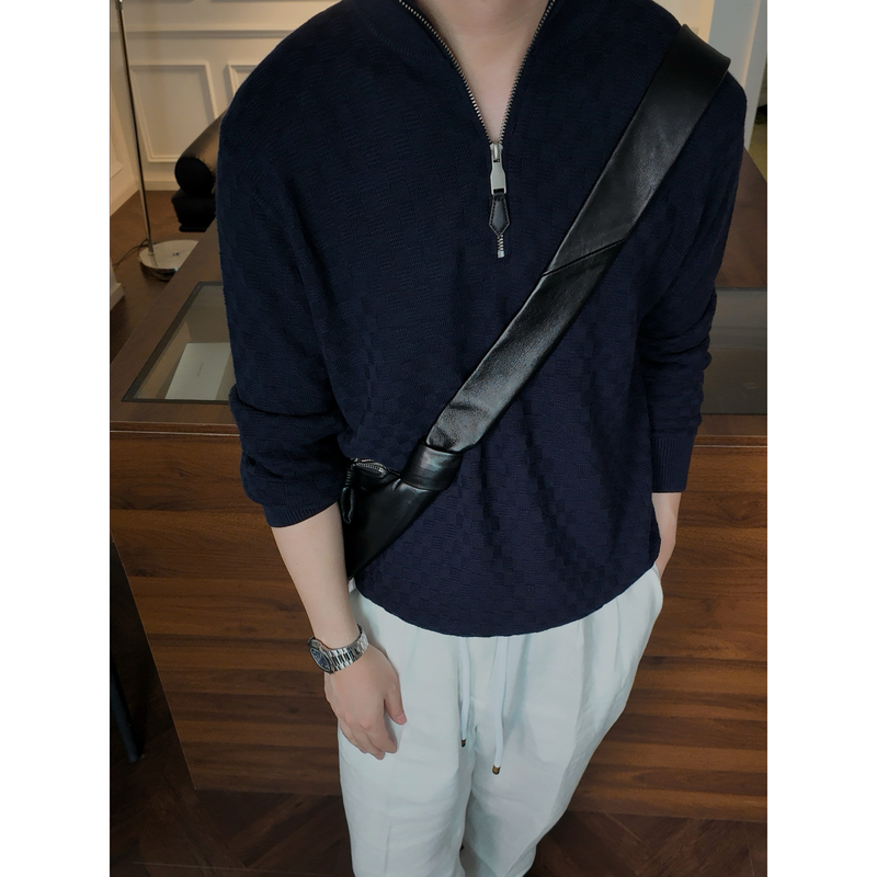 Grazie Realm Pharrell Williams Design | Mulberry Silk'Checkerboard' Half-Zip Knit Sweater Grazie Realm Pharrell Williams Design | Mulberry Silk'Checkerboard' Half-Zip Knit Sweater
