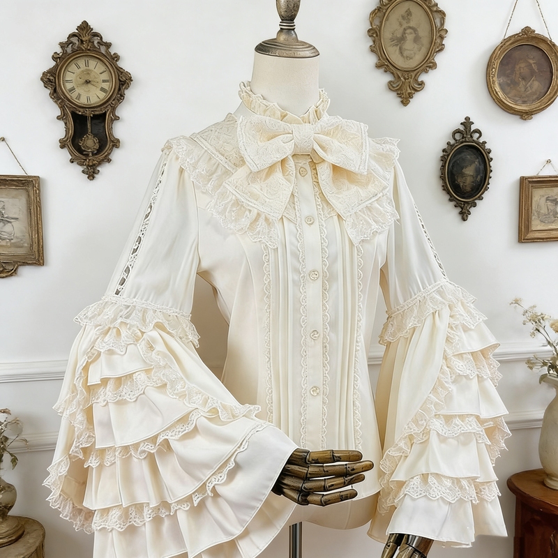 Plus-Size Stand-Collar Natural Color Lolita Lace Sleeve Shirt, Vintage Classic Lolita Base Top