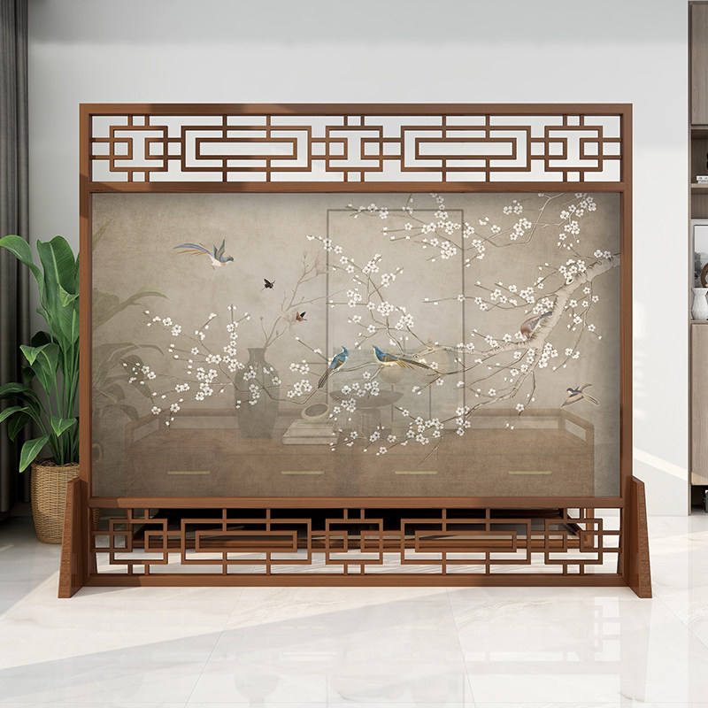 Customized Chinese inlet mask screen screen partition wall decoration office hotel solid wood blocking flower and bird seat screen