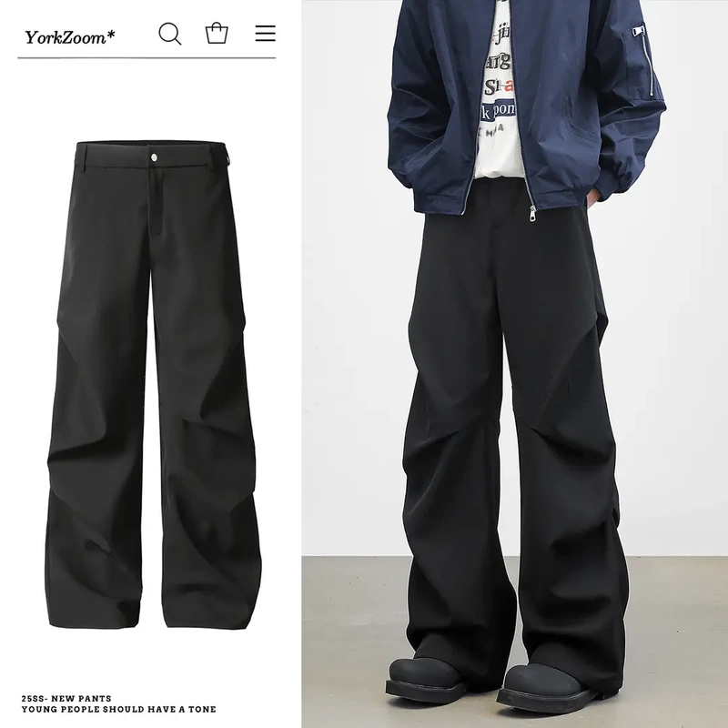 York Zoom Spring American-Style Loose Flared Casual Pants Black Pleated Trousers Men's Versatile Couple Style