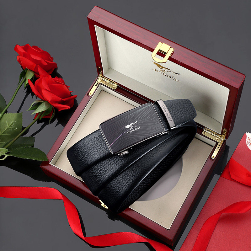Seven Wolf Men Belt Automatic Belt Men Young Young Young Self Pure Bull Leather Brand Leather Men Middle Age Gift Box