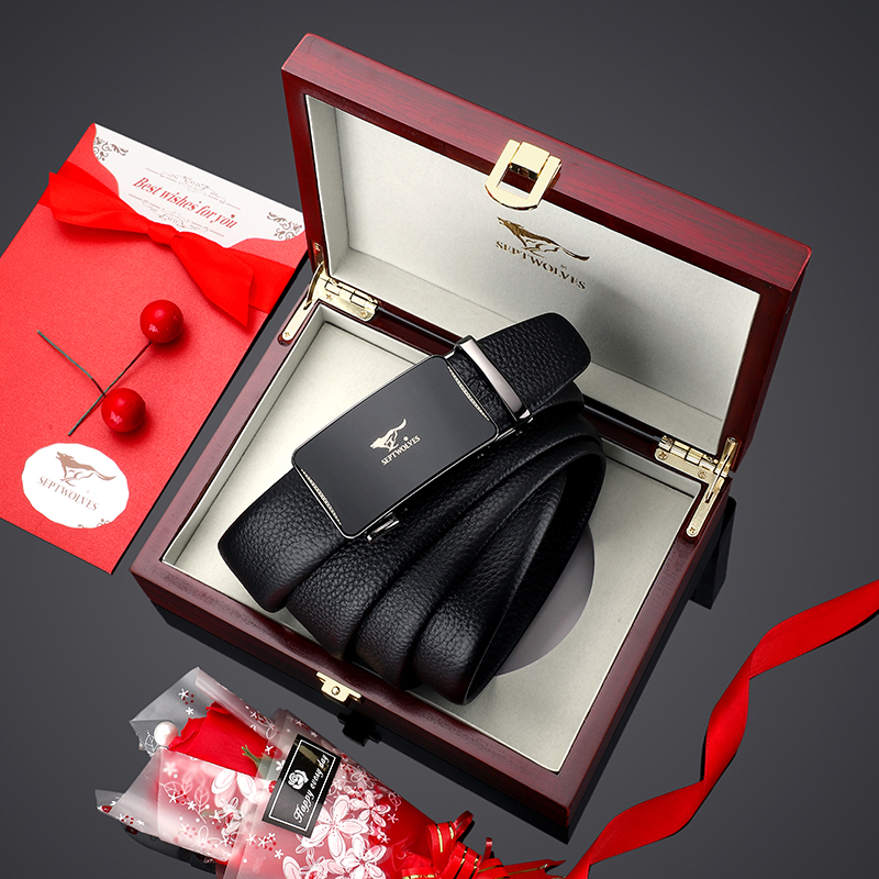 Seven Wolf Men Youth Belt Gift Box Bull Leather Belt Alloy Leather Leather Belt Lead Belt Automatic Belt Trunk