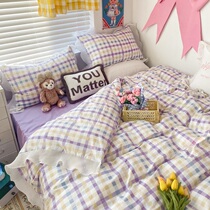 (Deer) Ins Wind Princess Winds lace pure cotton quilt cover 2 0 Girl Hearts Purple Small Plaid Full Cotton Four Sets