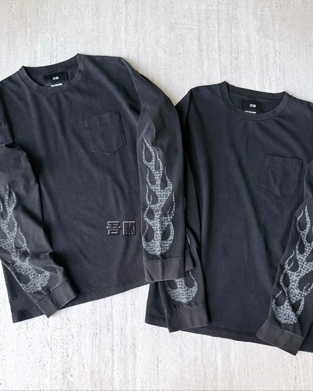 90S Vintage Style Flame Arm Element Print Washed Distressed Round Neck Long Sleeve T-Shirt