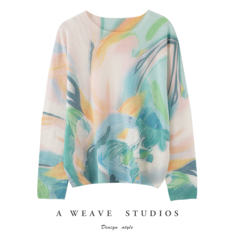 Thin as a Cicada's Wing, 120-Count Fine-Spun Ultra-Fine Water-Soluble Wool Sweater with Printed Round Neck, Loose-Fitting Thin Knit Sweater for Layering