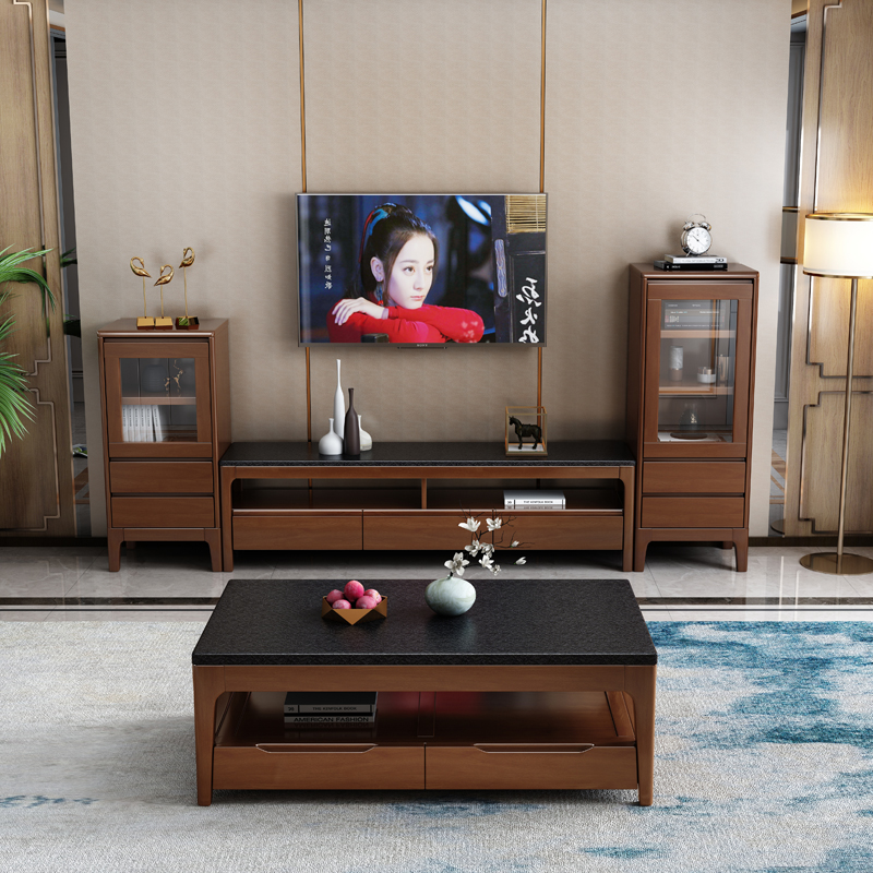 TV Cabinet Combination High Cabinet Ground Cabinet Set Fire Stone Tea Table Nordic Solid Wood Marble Living Room Storage Furniture