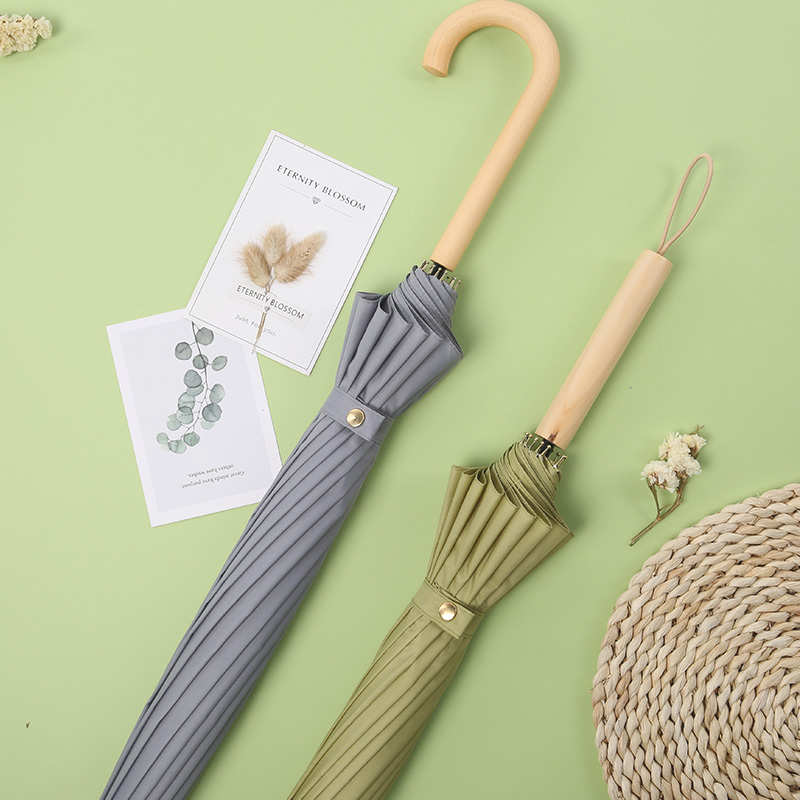 16 Bone Small Fresh Umbrella Wood Handle Straight Umbrella Japan long handle Double clear and rain Dual umbrella Rain S umbrella pure colour long handle umbrella