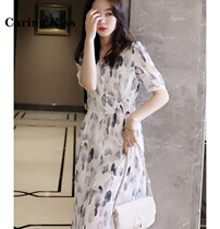 Caring Kiss law Faculty light workplace bright silk fainting leaves printed with small high waist display slim V neckline dress female summer