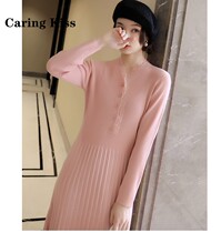Caring Kiss2020 new generous discount V - collar high wool with simple thin knitted dress