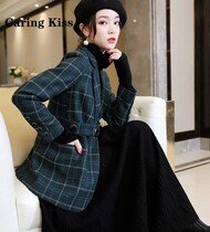 Caring Kiss British vintage ink green grain can remove belt with two wool fixed coats