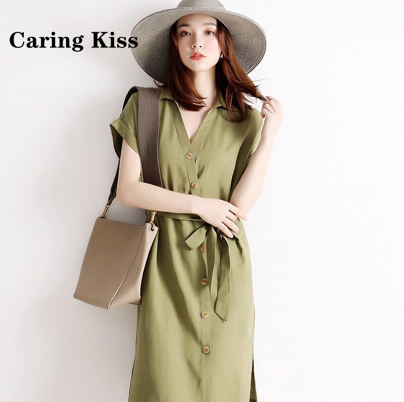 Caring Kiss late summer cool avocado green slope belt belt tip and straight waist design H - type dress