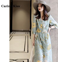 Caring Kiss Summer weekend beauty cured green flower handle printed retro French department closets casserole dress