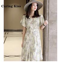 Carling Kiss2020 new beauty morandi printed matching color balloon flower display slim flying sleeves cashew dress