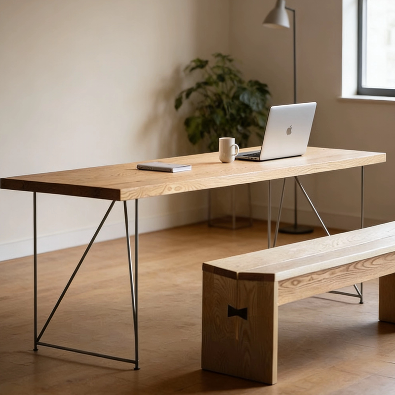 Pine Wood Style Desk with Iron Triangle Bracket, Simple Long Study Desk, Solid Wood Computer Desk, Office Desk