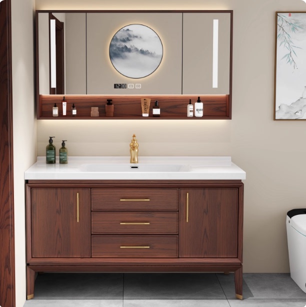 New Chinese Style Red Oak Integrated Ceramic Basin Floor-Standing Bathroom Cabinet Smart Mirror Cabinet Combination Washbasin Washbasin Cabinet