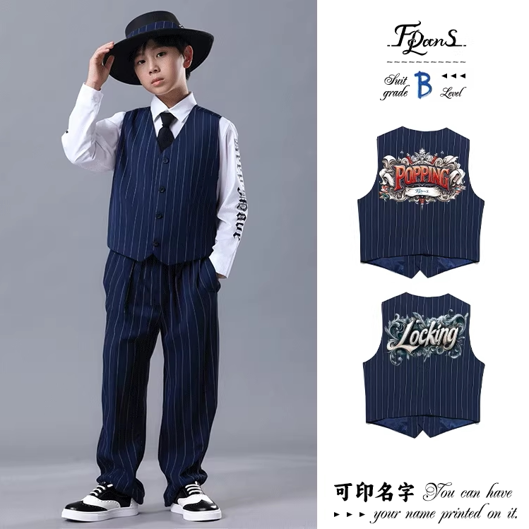 Non-Zero Kids Navy Blue Stripesd Children's Hip-Hop Suit Pop-Up Suit Locking Vest Trousers