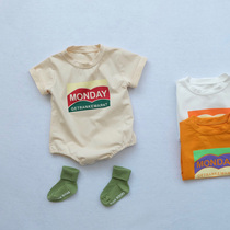 2021 summer Korea same men and women Baby short sleeve conjoined ha clothes infant loose foreign style letter bag crawl suit
