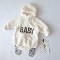 INS wind autumn and winter plus velvet warm baby cute plush one-piece coat for men and women baby hooded bag fart climbing suit