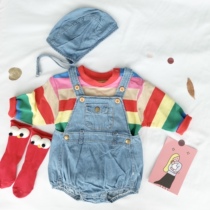 INS Korean childrens clothing Mens and womens baby denim bib shorts bag fart clothing Infant spring and autumn one-piece harem climbing clothing