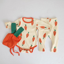 ins2021 Spring and Autumn Korean Baby Home suit set radish pajamas men and women baby underwear pants with hat