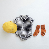 2021 summer new male baby handsome plaid shirt ha clothes baby 100 days fart jumpsuit