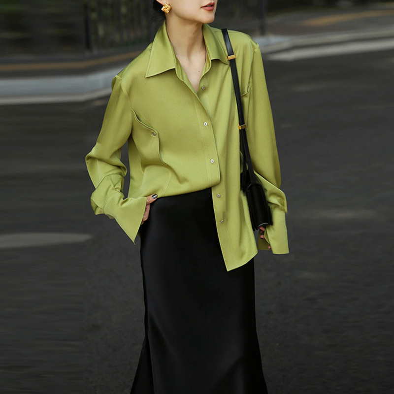Green Acetate Satin Shirt for Women 2025 New Spring High-End Light Luxury Elegant Drape Top Office Shirt
