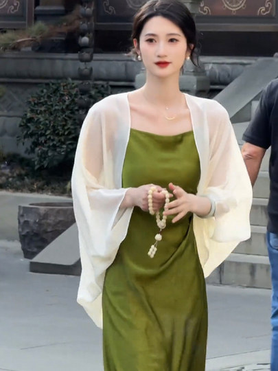 French-Style Chiffon Sun Protection Cardigan for Women, Summer Ice Silk Sheer Shawl, Paired with a Slip Dress, Outerwear Shawl Blouse