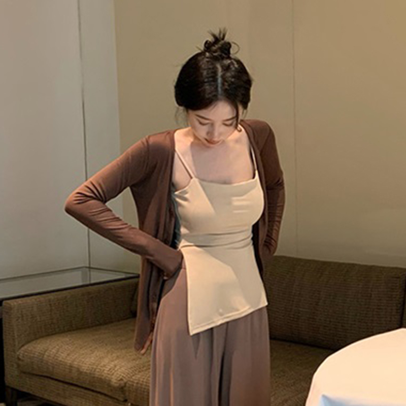 Spring and Autumn Women's Shawl Cardigan Paired with a Slip Dress, Two-Piece Set with Knitted Coffee-Colored Cardigan Jacket