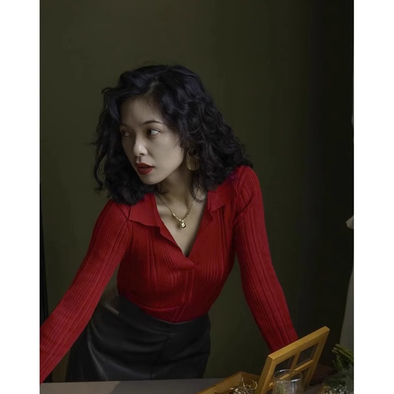 Polo Collar New Year Red Sweater Base Layer for Women, Autumn and Winter High-End Fur Inner Layer, Slim-Fit Knitted V-Neck Top