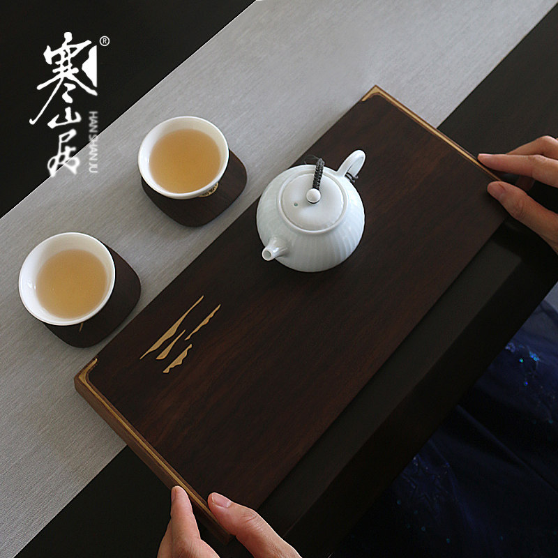Cold Mountain Residence Solid Wood Tea Tray Inlaid Copper Small Dry Foam Pan Day Style Brief Tea Set Tea Tray Black Sandalwood Pot Bearing Tea Table Accessories