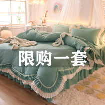 Net red double lotus leaf lace four-piece bed skirt Princess style pure cotton pure cotton naked sleep non-slip bed cover fresh girl