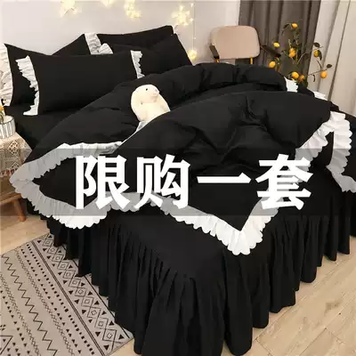 ins Korean version of plain bed skirt four-piece bed single quilt cover pure cotton all-cotton naked bed and breakfast apartment Princess style