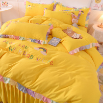 Net red embroidery four-piece bed skirt Princess style girl heart plus with bedspread non-slip naked sleeping pure cotton quilt cover