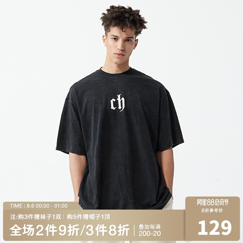 CHINISM CH short-sleeved T-shirt men washed old American High Street tide brand loose black summer boys half sleeves