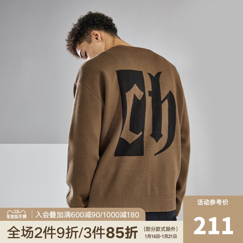 CHINISM back big CH jacquard knitwear men's trend sweater American casual round neck pullover hair clothes