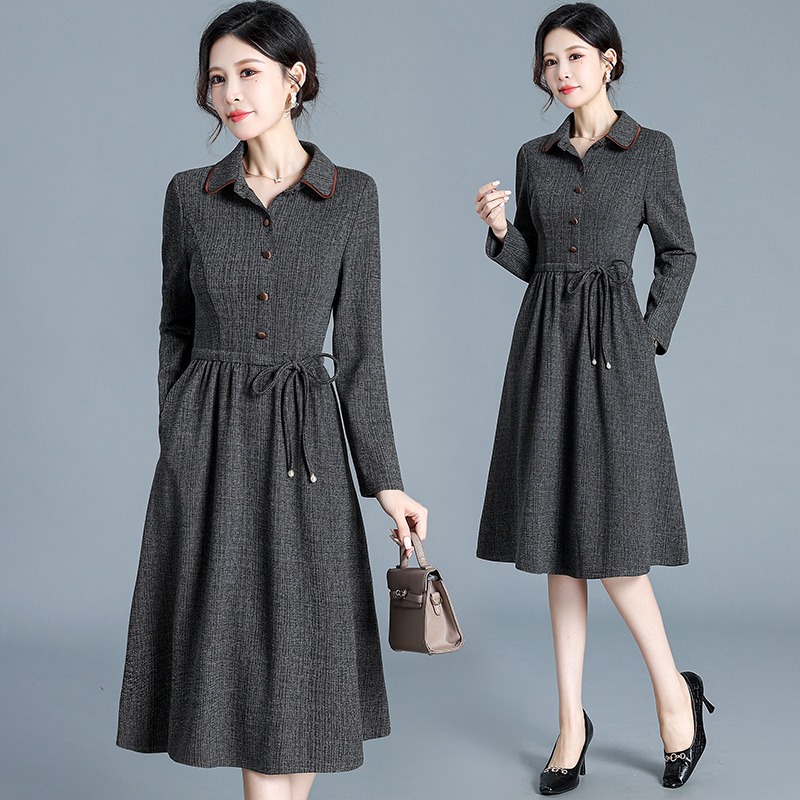 Elegant Lapel Long-Sleeve Dress for Women 2025 Spring and Autumn New Style High-End Fashionable Versatile Mid-Length Dress for Mothers Elegant Lapel Long-Sleeve Dress for Women 2025 Spring and Autumn New Style High-End Fashionable Versatile Mid-Length Dress for Mothers