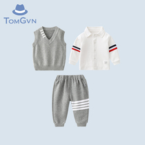Tommy Gaven baby autumn winter suit clothes mens baby full moon 100 days knitted vest three sets of winter pure cotton