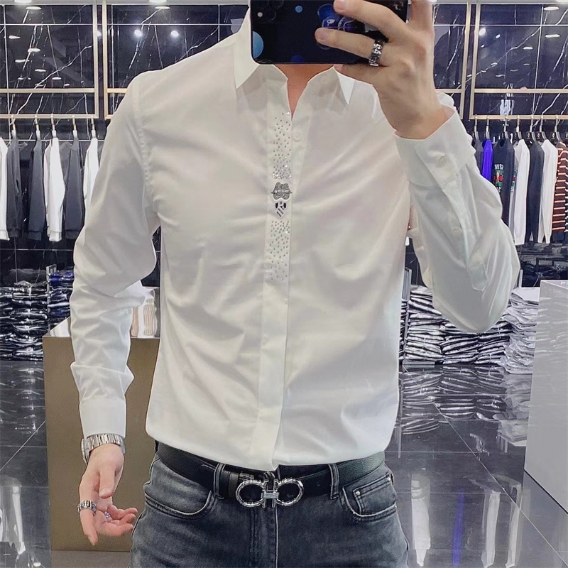2025 Spring and Autumn White Long-Sleeve Business Slim-Fit Shirt for Men, White Casual Shirt with Rhinestone Embellishments, Trendy
