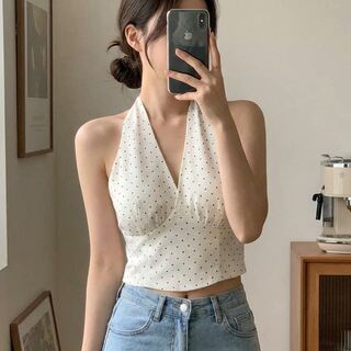 French-Style Polka Dot V-Neck Halter Top for Women, Summer Sweet and Spicy Style, Waist-Cinching, Slimming, Backless, Sexy Camisole