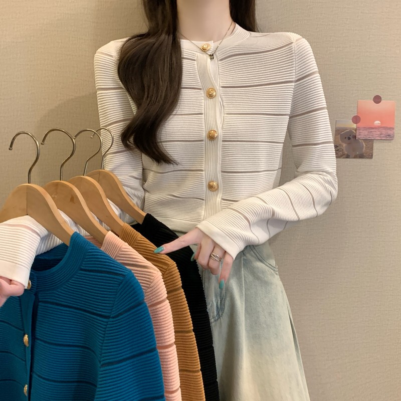 Early Autumn Thin Fine Knit Cardigan for Women, Long-Sleeve Buttoned Striped Crew Neck Pullover, Available in Multiple Colors, Lightweight Jacket Early Autumn Thin Fine Knit Cardigan for Women, Long-Sleeve Buttoned Striped Crew Neck Pullover, Available in Multiple Colors, Lightweight Jacket